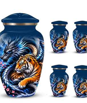 Blue Dragon and Tiger Cremation Urn for Adult Ashes, Fantasy Animal Memorial Urn
