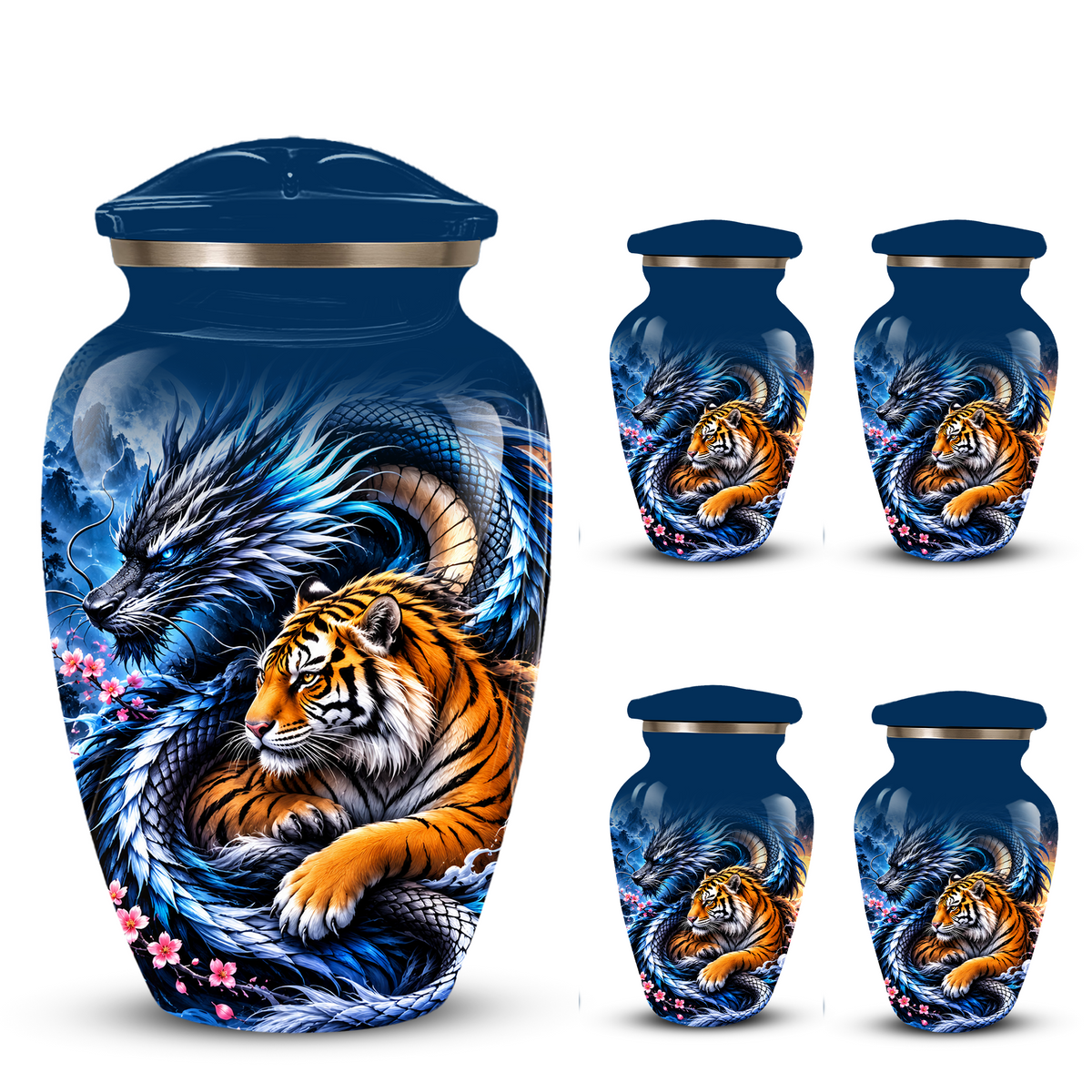 Blue Dragon and Tiger Cremation Urn for Adult Ashes, Fantasy Animal Memorial Urn