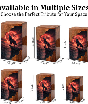 Wooden Cremation Urn – Red Moon Wolf Memorial Urn | Custom Wooden Memorial Urn for Dad