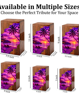 Tropical Sunset Wooden Cremation Urn – Beach Memorial Urn for Human Ashes