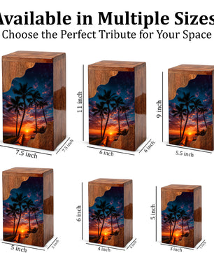 Beach Wooden Cremation Urn for Human Ashes | Tropical Sunset Memorial Urn