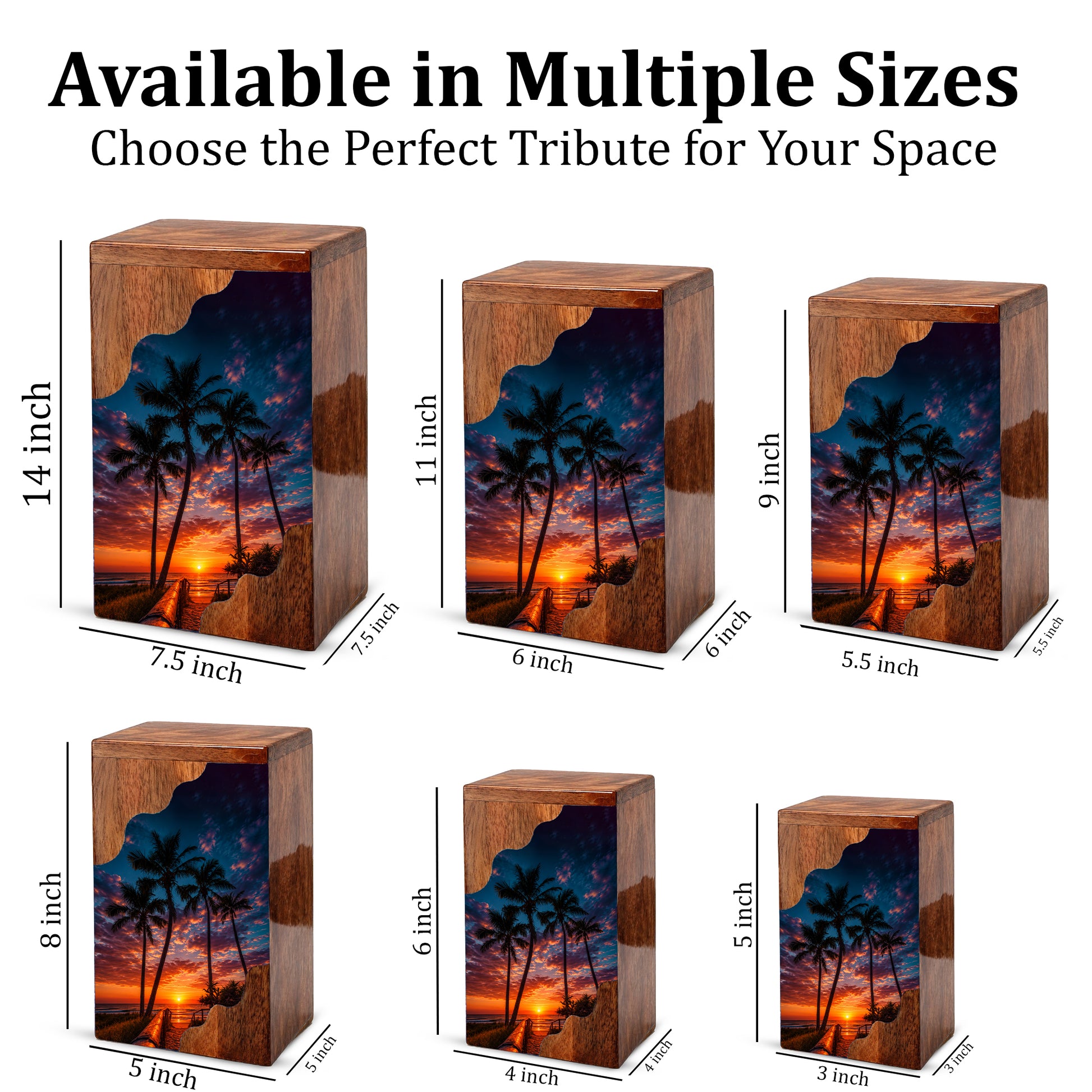 Beach Wooden Cremation Urn for Human Ashes | Tropical Sunset Memorial Urn