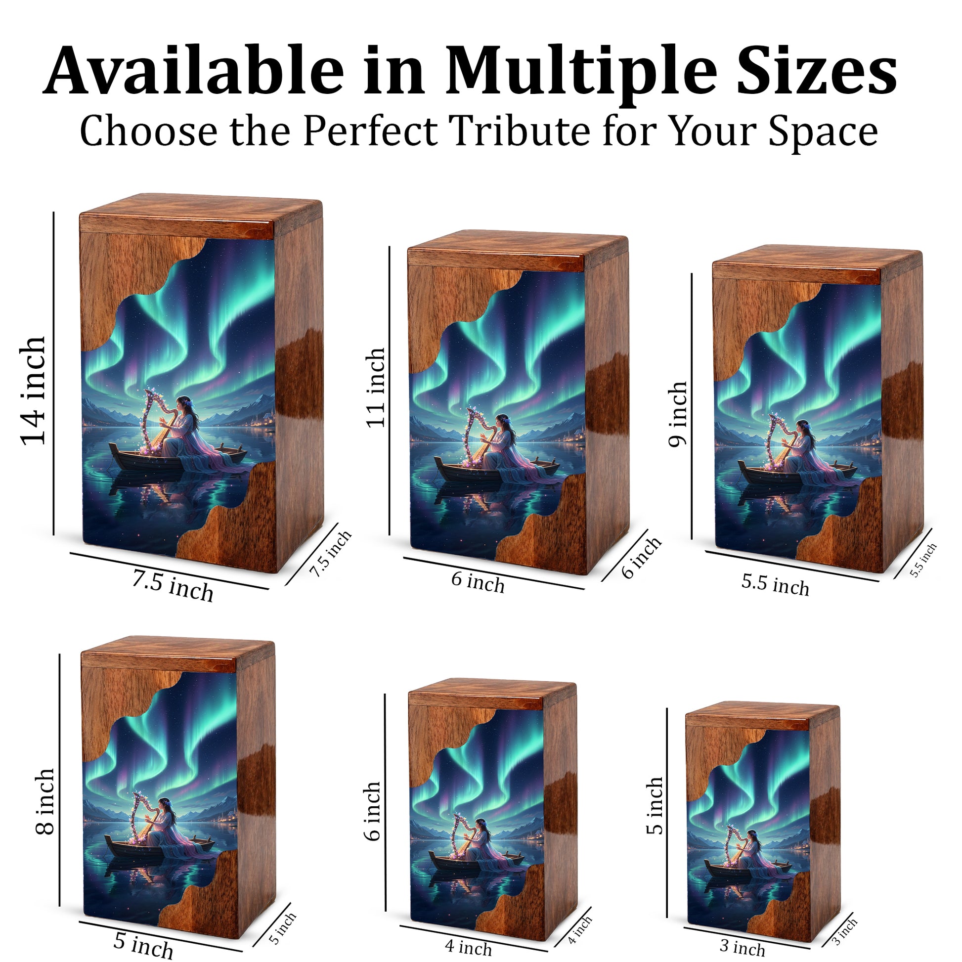 Aurora Harp Wooden Cremation Urn – Celestial Lake Memorial Wooden Urn for Human Ashes