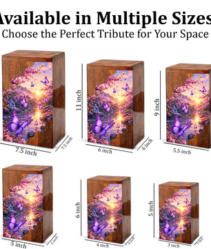 Purple Butterfly Wooden Cremation Urn – Floral Waterfall Memorial Urn for Human Ashes