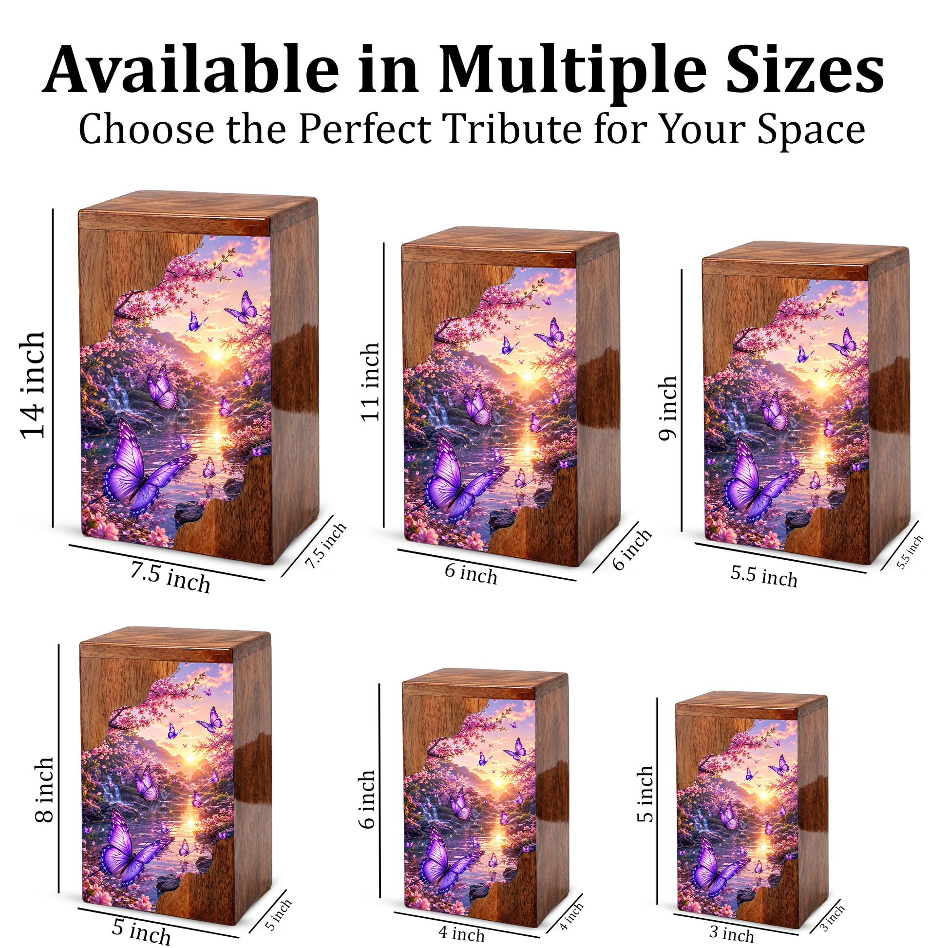 Purple Butterfly Wooden Cremation Urn – Floral Waterfall Memorial Urn for Human Ashes