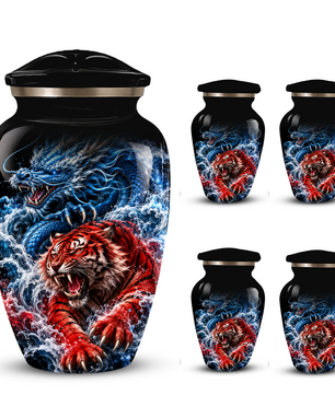 Personalized Adult Cremation Urn for Ashes, Custom Dragon and Tiger Memorial Urn, Blue Dragon Red Tiger Artwork