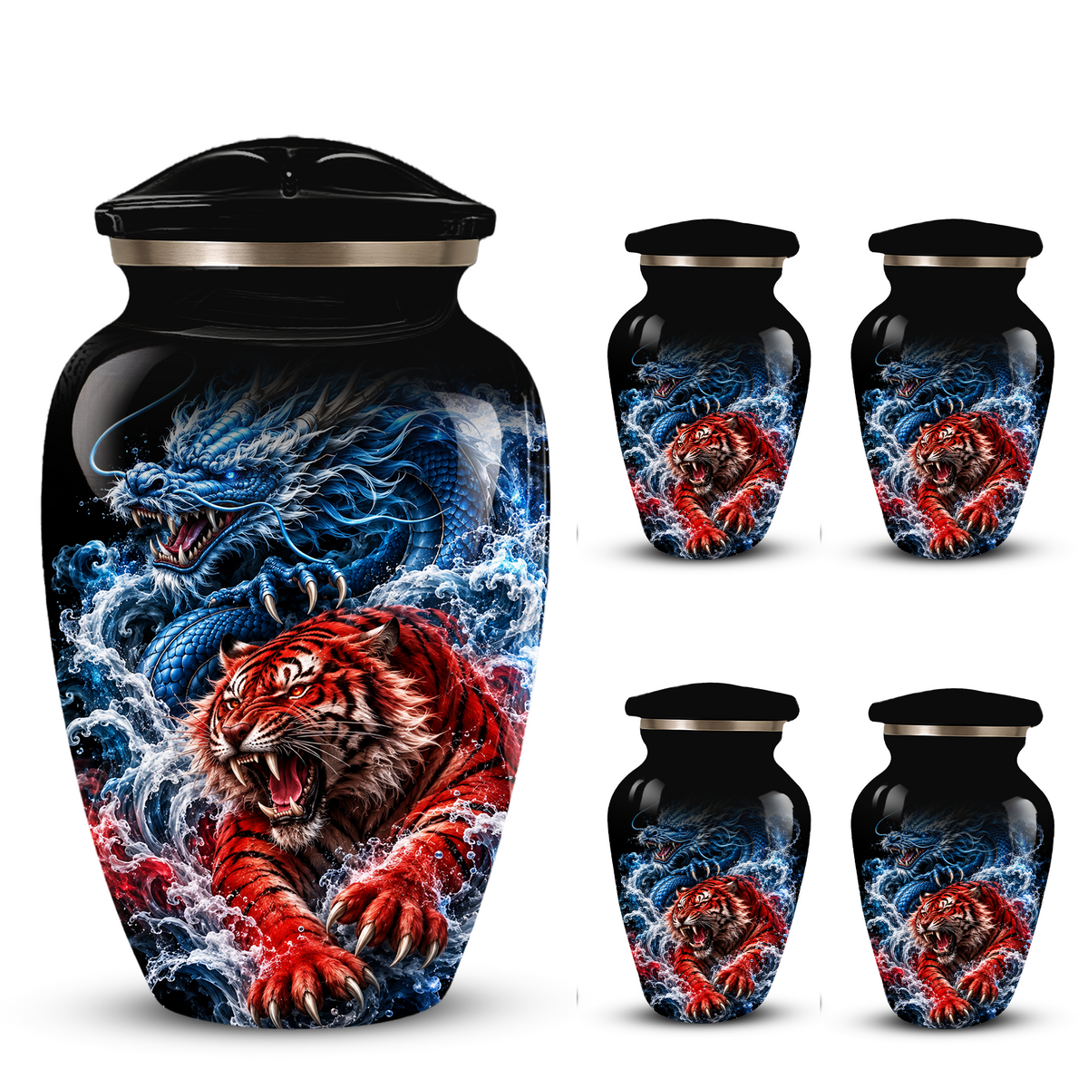 Personalized Adult Cremation Urn for Ashes, Custom Dragon and Tiger Memorial Urn, Blue Dragon Red Tiger Artwork