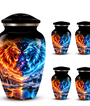 Personalized Adult Cremation Urn for Ashes, Fire and Ice Twin Lion Memorial Urn