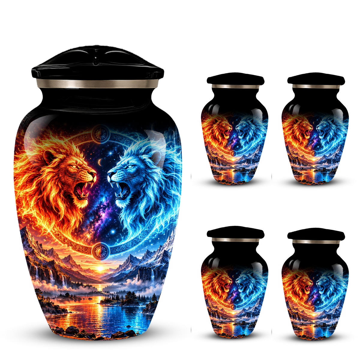 Personalized Adult Cremation Urn for Ashes, Fire and Ice Twin Lion Memorial Urn