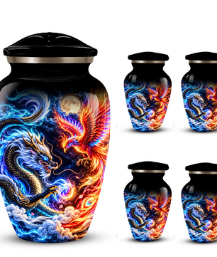 Blue Dragon and Phoenix Cremation Urn for Adult Ashes, Fantasy Bird Memorial Urn