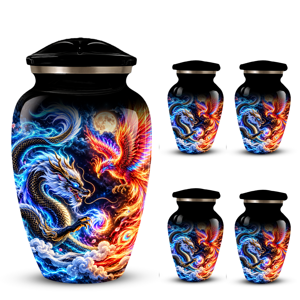 Blue Dragon and Phoenix Cremation Urn for Adult Ashes, Fantasy Bird Memorial Urn