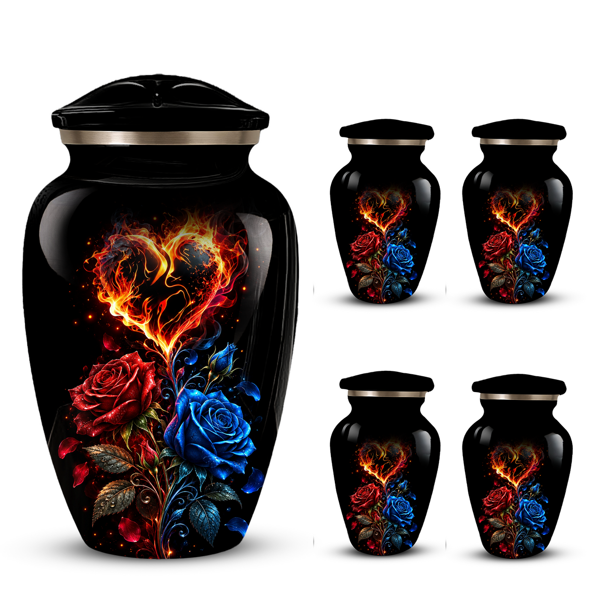 Red & Blue Rose Heart Cremation Urn for Ashes | Personalized Adult Memorial Urn