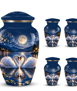 Personalized Adult Cremation Urn for Ashes, Two Swans Under the Full Moon Memorial Urn