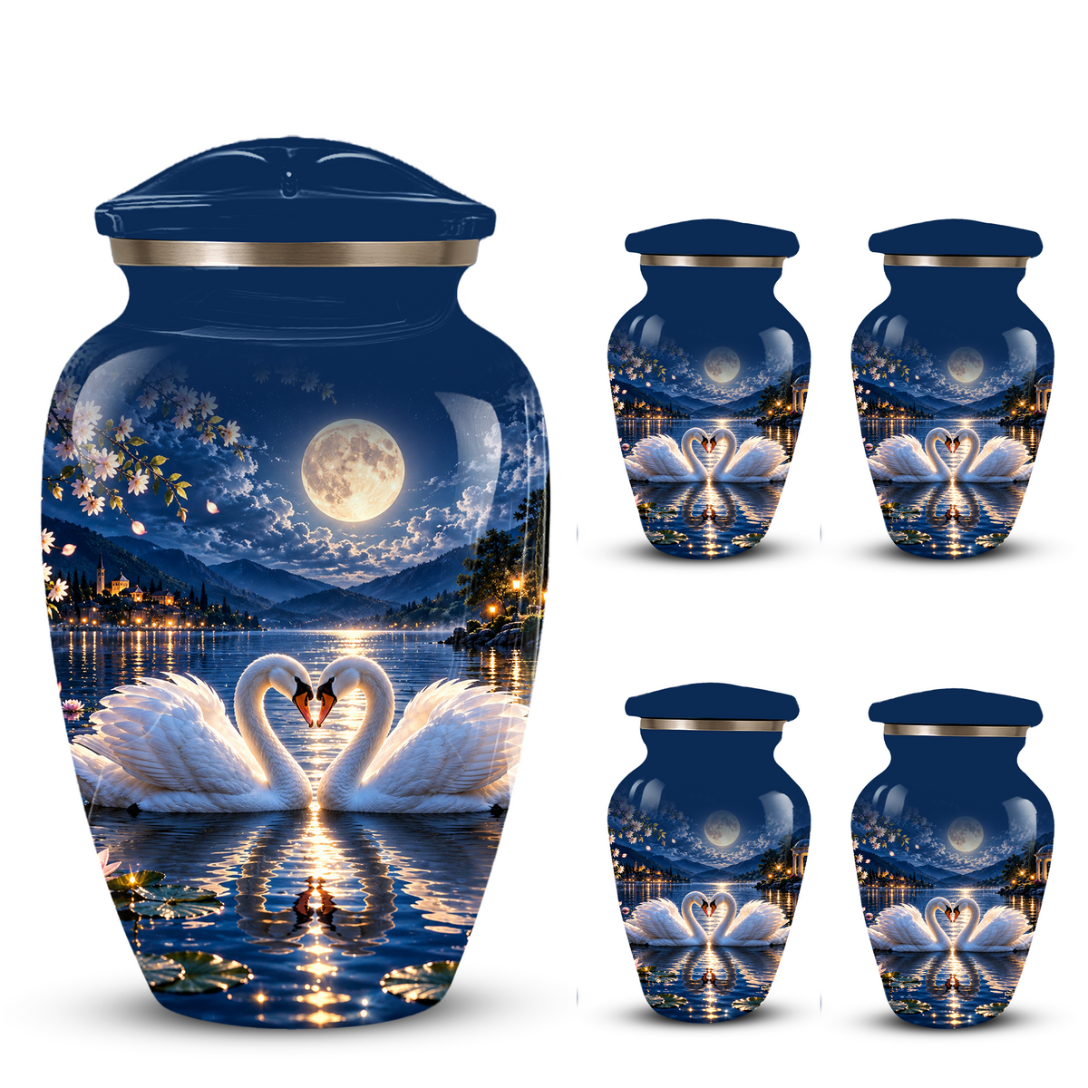 Personalized Adult Cremation Urn for Ashes, Two Swans Under the Full Moon Memorial Urn