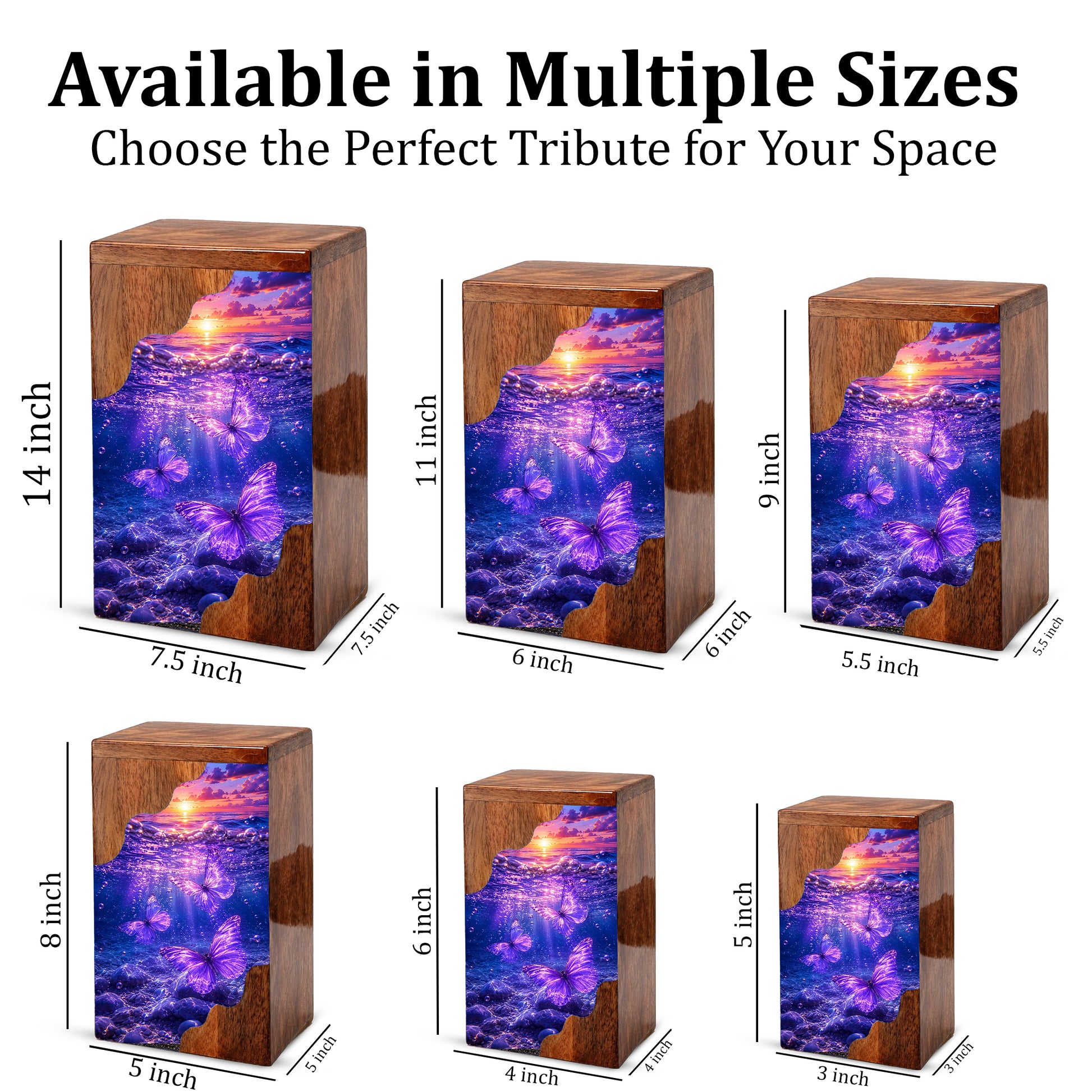 Purple Butterfly Ocean Wooden Cremation Urn – Wooden Urn for Human Ashes