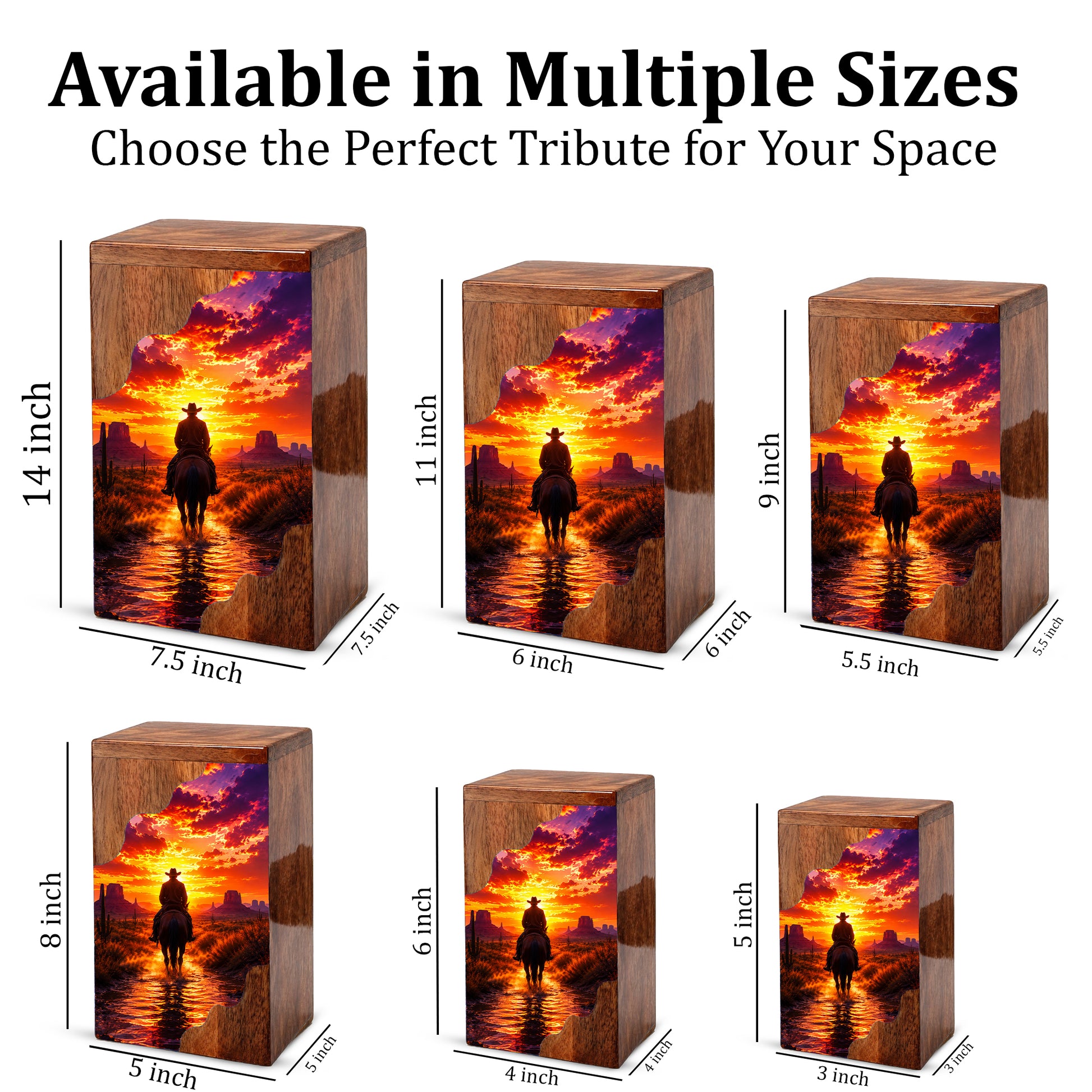 Western Cowboy Wooden Cremation Urn – Sunset Horse Memorial Urn for Human Ashes