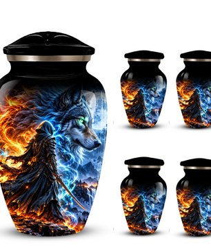 Personalized Adult Cremation Urn for Ashes, Fire and Ice Wolf Warrior Memorial Urn, Custom Aluminum Urn
