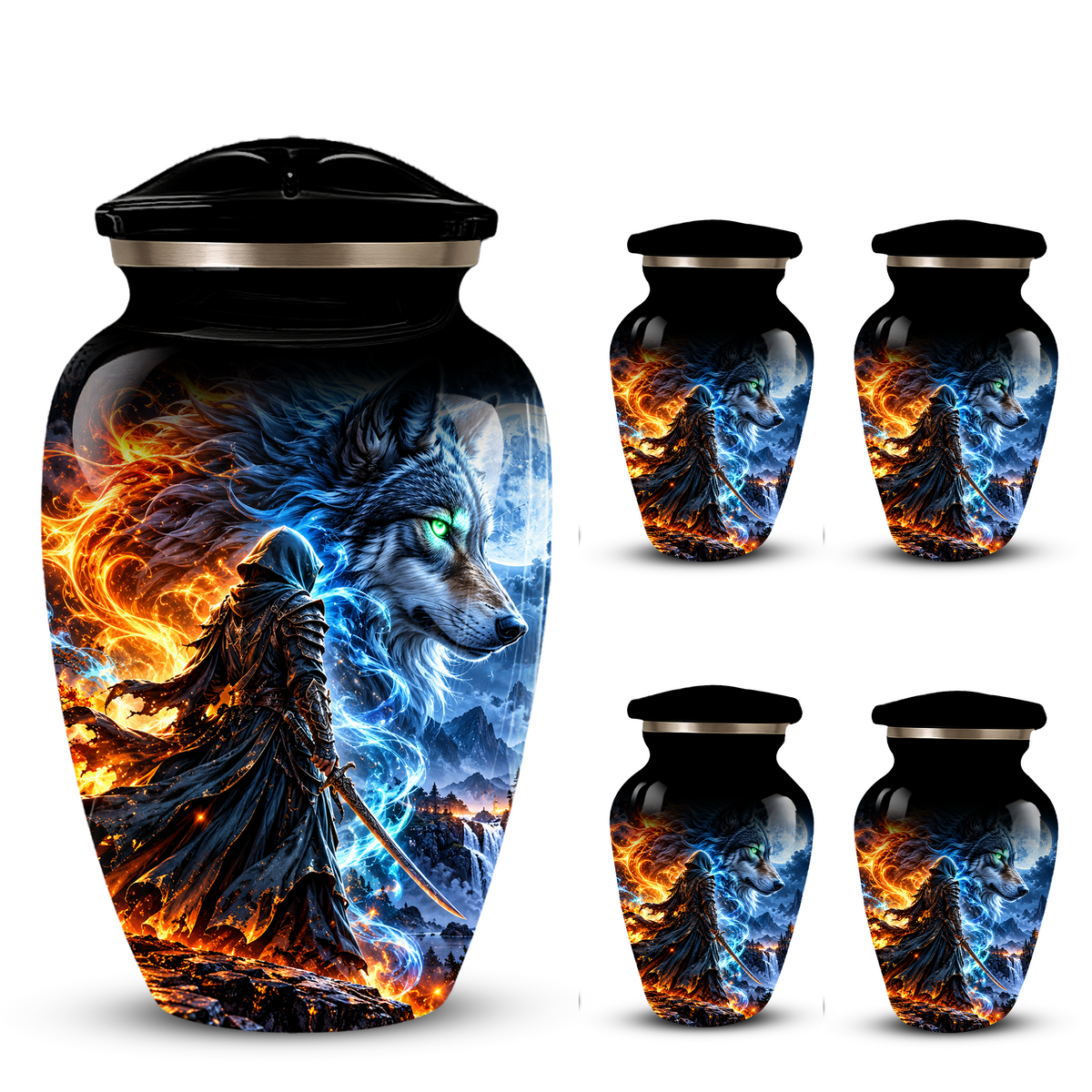 Personalized Adult Cremation Urn for Ashes, Fire and Ice Wolf Warrior Memorial Urn, Custom Aluminum Urn