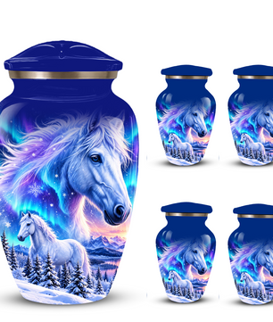 White Horse Cremation Urn for Adult Ashes, Blue Memorial Urn with Snowy Mountain and Northern Lights Artwork