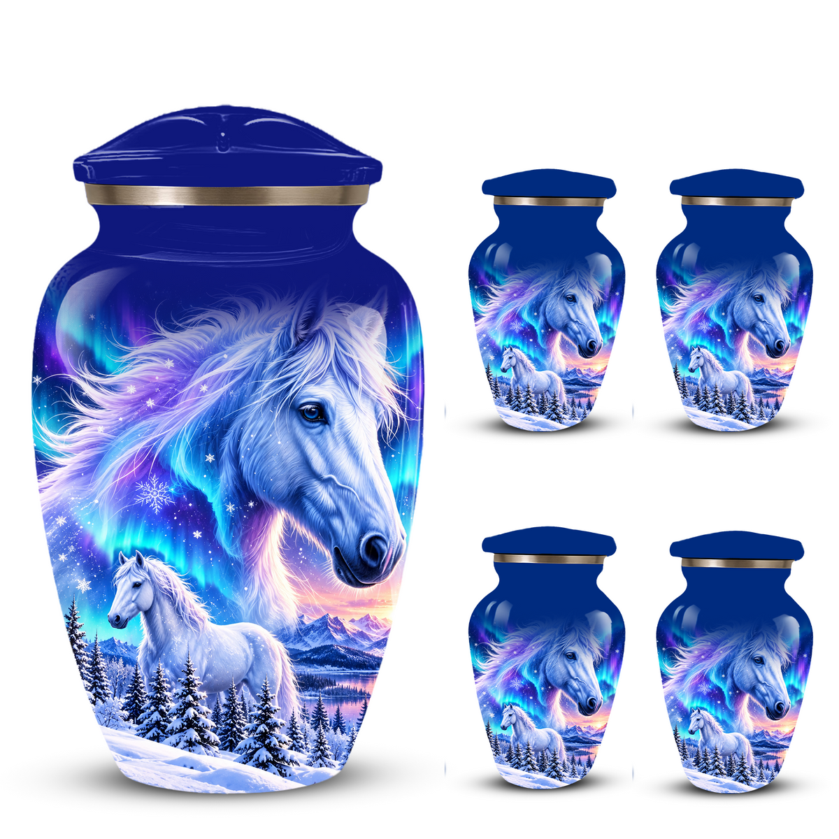 White Horse Cremation Urn for Adult Ashes, Blue Memorial Urn with Snowy Mountain and Northern Lights Artwork