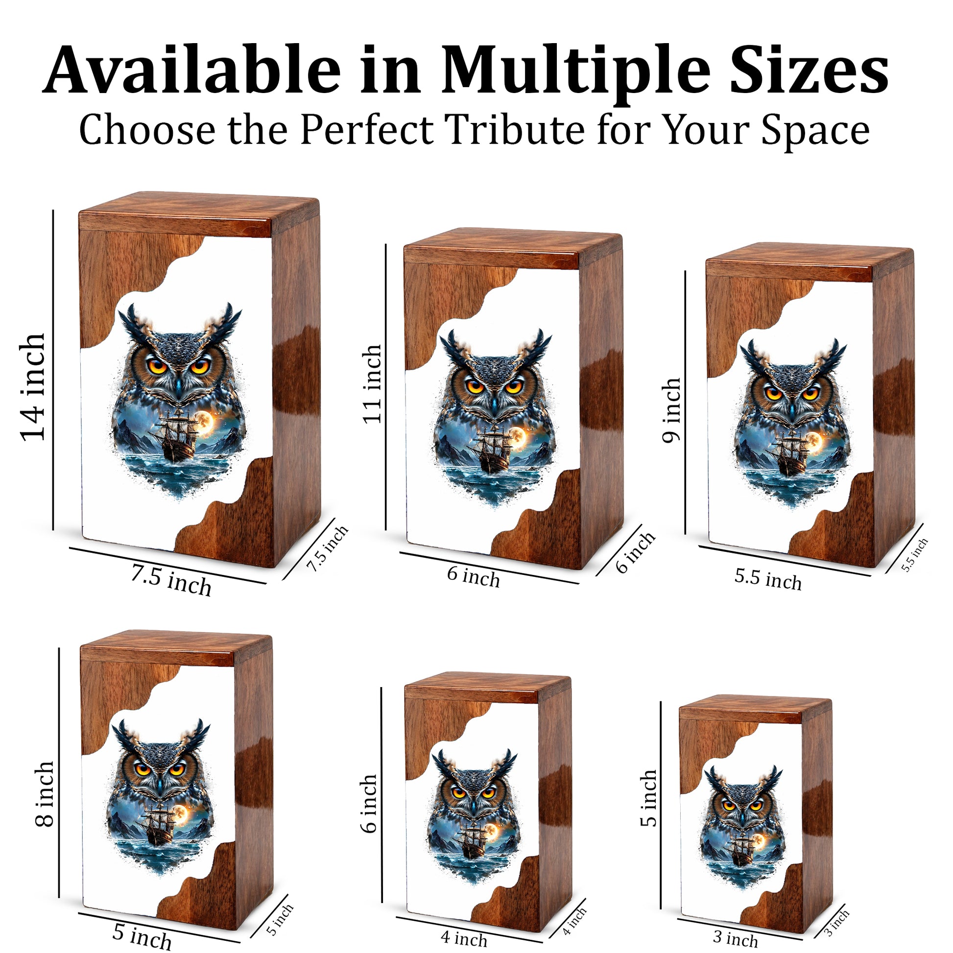 Owl Wooden Cremation Urn – Moonlit Owl Memorial Urn with Ocean Ship Artwork