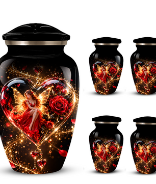 Red Rose Fairy Heart Cremation Urn for Adult Ashes, Personalized Memorial Urn with Romantic Heart Design