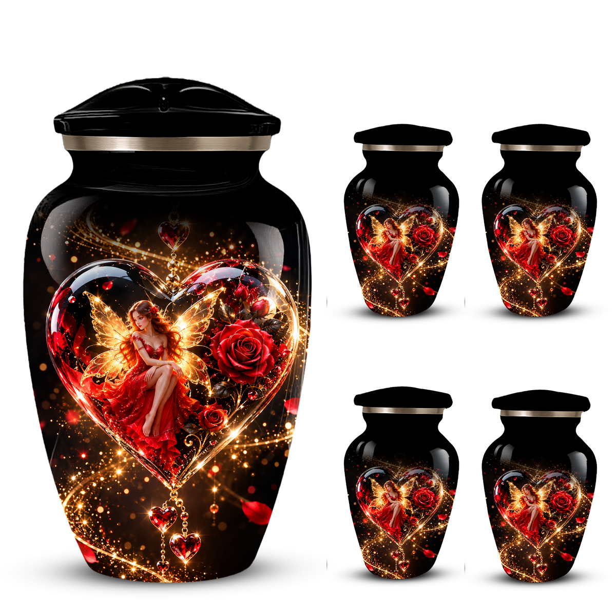 Red Rose Fairy Heart Cremation Urn for Adult Ashes, Personalized Memorial Urn with Romantic Heart Design