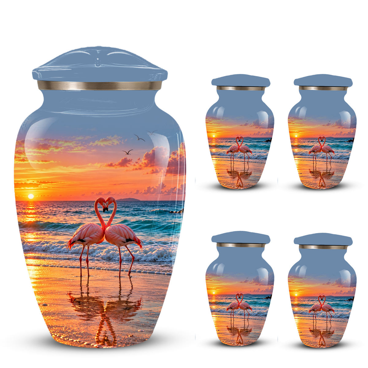 Flamingo Cremation Urn for Ashes, Romantic Beach Sunset Design, Custom Urn for Loved Ones