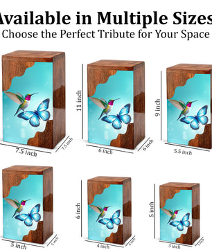 Hummingbird & Blue Butterfly Wooden Cremation Urn – Symbolic Memorial Wooden Urn for Human Ashes