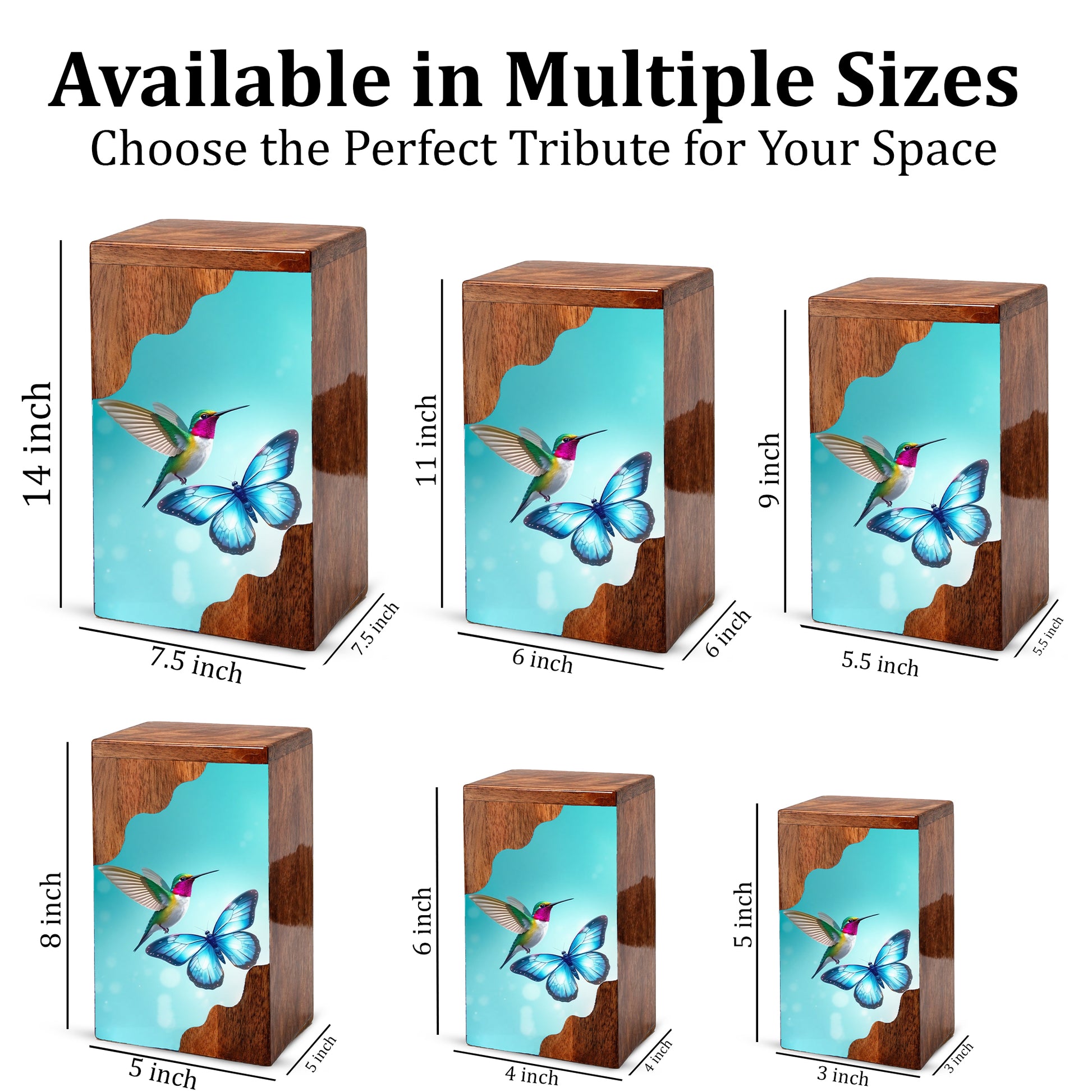 Hummingbird & Blue Butterfly Wooden Cremation Urn – Symbolic Memorial Wooden Urn for Human Ashes