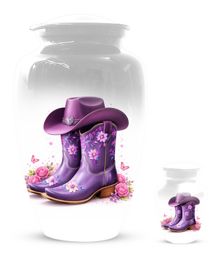 Personalized Cowgirl Cremation Urn for Mom | Purple Cowboy Boots Memorial Urn for Human Ashes