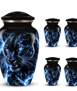 Personalized Adult Cremation Urn for Ashes, Custom Black Panther Memorial Urn, Blue Lightning Fantasy Animal Artwork