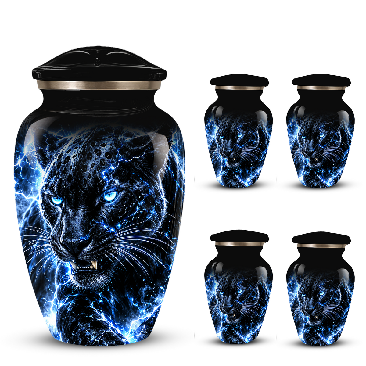 Personalized Adult Cremation Urn for Ashes, Custom Black Panther Memorial Urn, Blue Lightning Fantasy Animal Artwork