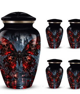 Gothic Butterfly Adult Urn for Ashes – Red & Black Skull Butterfly Cremation Urn for Adults