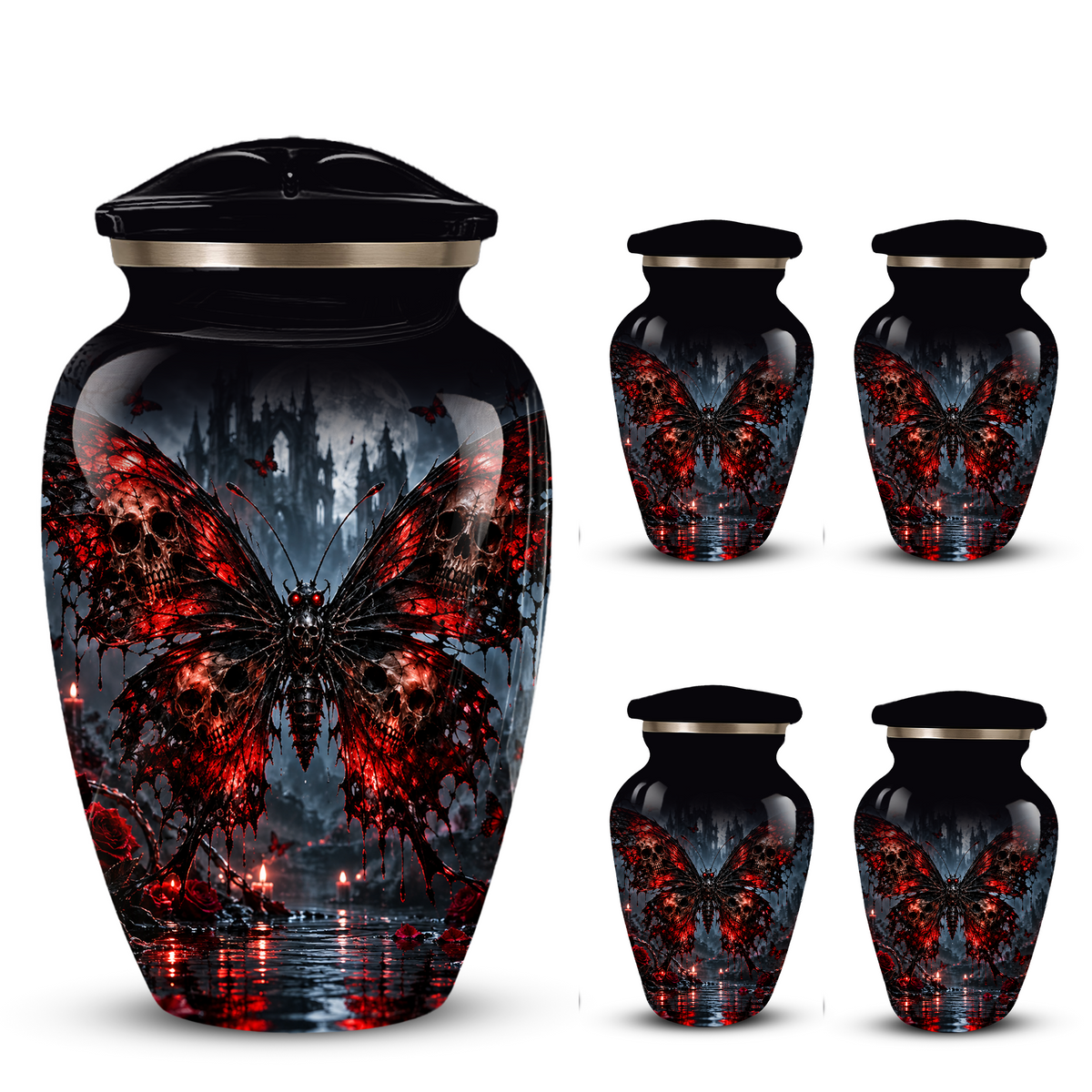 Gothic Butterfly Adult Urn for Ashes – Red & Black Skull Butterfly Cremation Urn for Adults