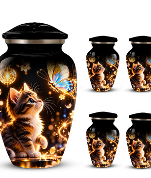 Kitten and Butterfly Cremation Urn for Adult Ashes, Personalized Cat Memorial Urn