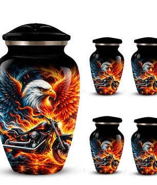 Eagle and Motorcycle Cremation Urn for Adult Ashes, Fiery Phoenix Eagle Biker Urn for Human Ashes