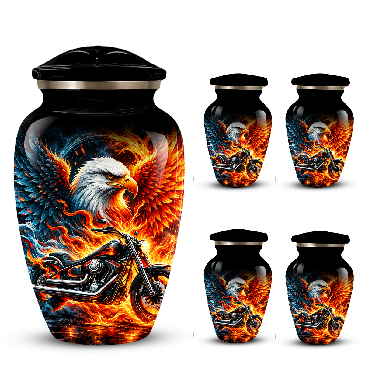 Eagle and Motorcycle Cremation Urn for Adult Ashes, Fiery Phoenix Eagle Biker Urn for Human Ashes