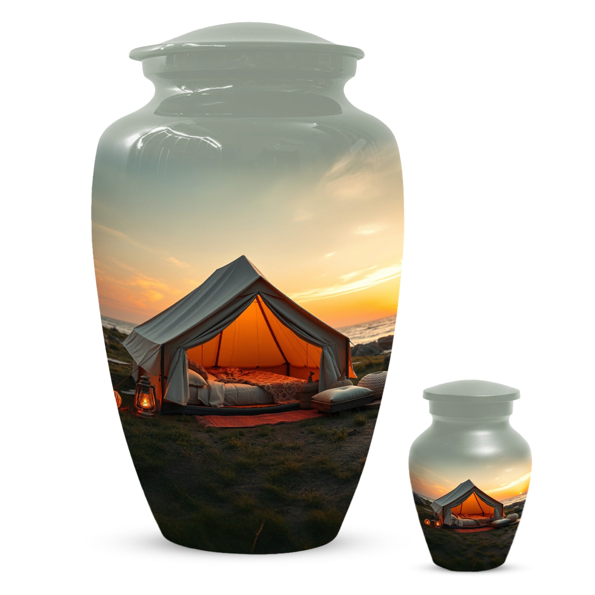 Camping Memorial Urn for Ashes – Personalized Sunset Glamping Cremation Urn for Mom& Dad