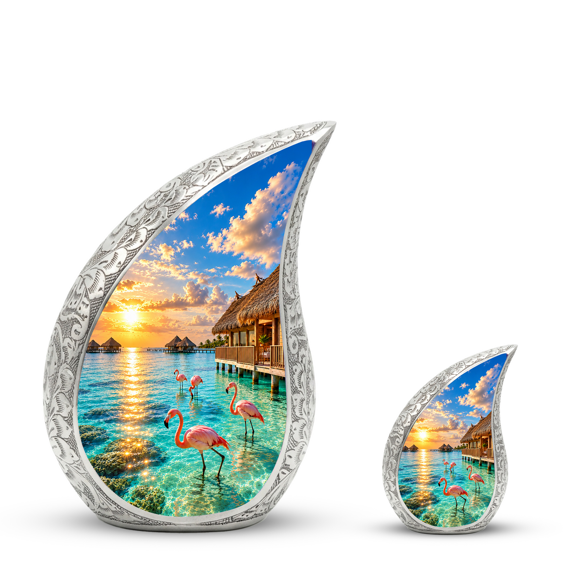 Flamingo Cremation Urn for Ashes, Tropical Beach Sunset Adult Memorial Urn