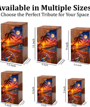 Beach Sunset Wooden Cremation Urn – Tropical Ocean Memorial Urn with Moonlit Shore