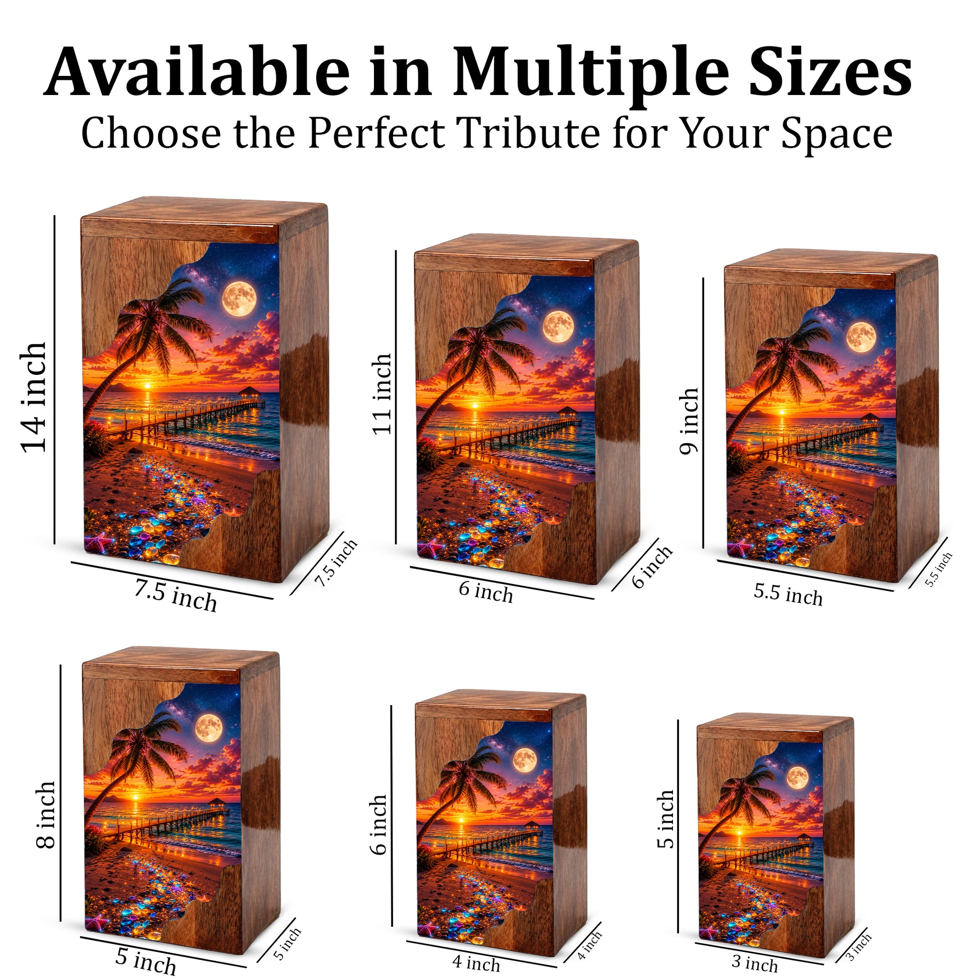 Beach Sunset Wooden Cremation Urn – Tropical Ocean Memorial Urn with Moonlit Shore