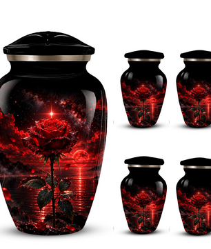 Red Rose Cremation Urn – Romantic Memorial Adult Urn for Ashes with Sunset Design