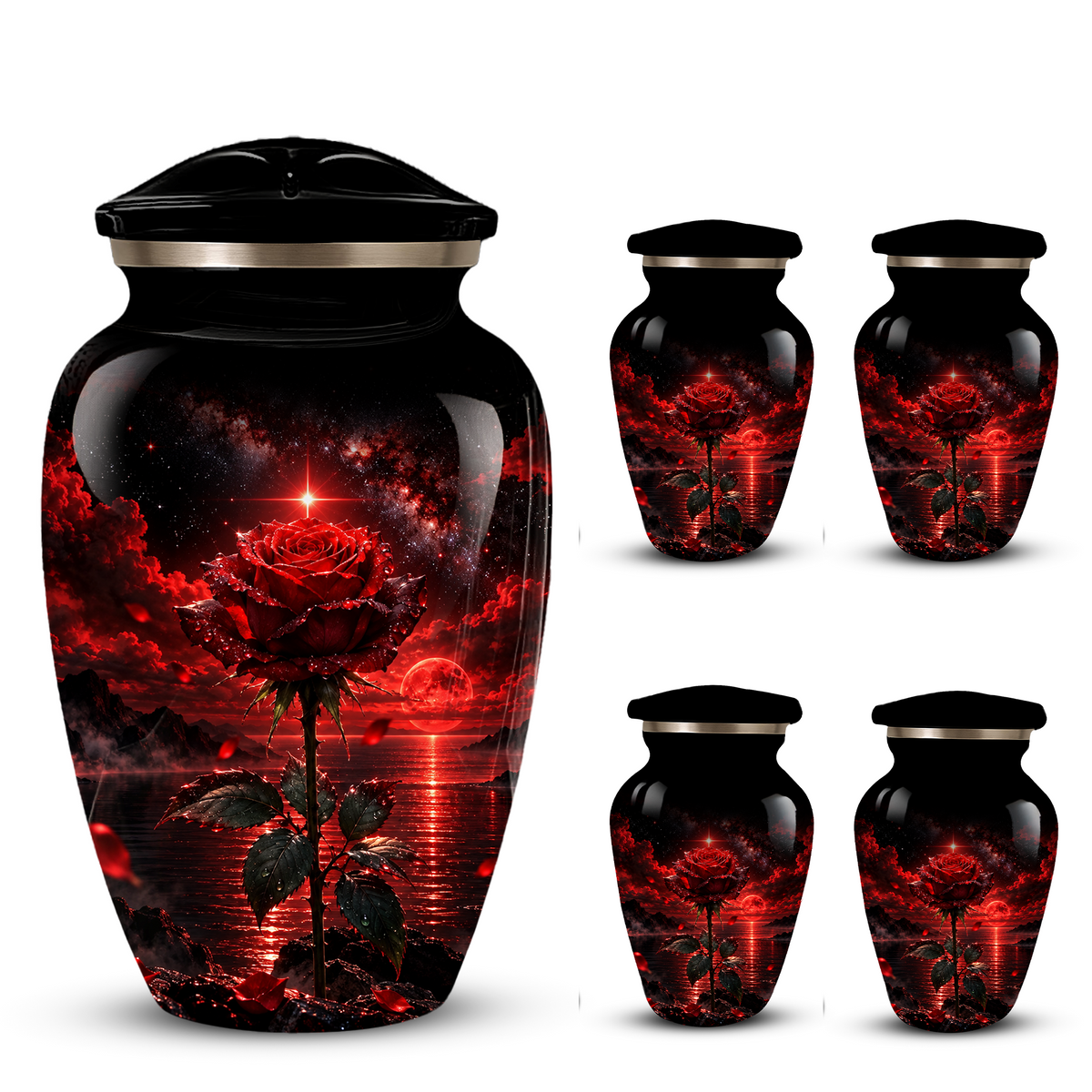 Red Rose Cremation Urn – Romantic Memorial Adult Urn for Ashes with Sunset Design