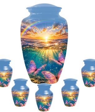 Pink Butterfly Cremation Urn for Women - Rainbow Sunset Memorial Urns for Ashes