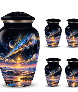 Personalized Adult Cremation Urn for Ashes, Custom Memorial Urn, Galaxy and Mountain Sunset Design