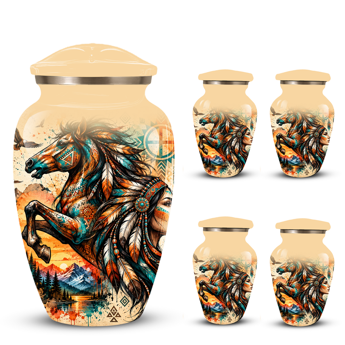Personalized Adult Cremation Urn for Ashes, Native American Horse Memorial Urn, Tribal Horse Cremation Urn