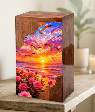 Personalized Sunset Beach Wooden Cremation Urn – Ocean Memorial Urn with Seagulls & Rose Garden