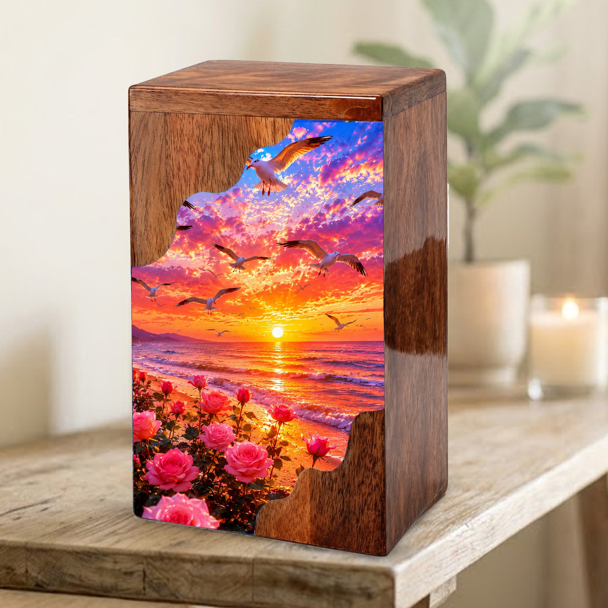 Personalized Sunset Beach Wooden Cremation Urn – Ocean Memorial Urn with Seagulls & Rose Garden