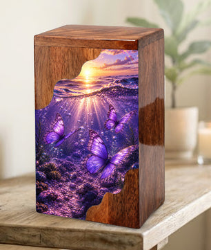 Purple Butterfly Wooden Cremation Urn – Wooden Urn for Human Ashes